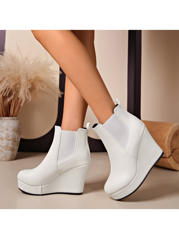 Womens Chelsea Wedge Ankle Boots, Platform High Heel Booties, Elastic Side Panel Dress Boots, Slip On Fashion Shoes for Fall, Winter and Evening Outfit White US-6.5 (EU-38)