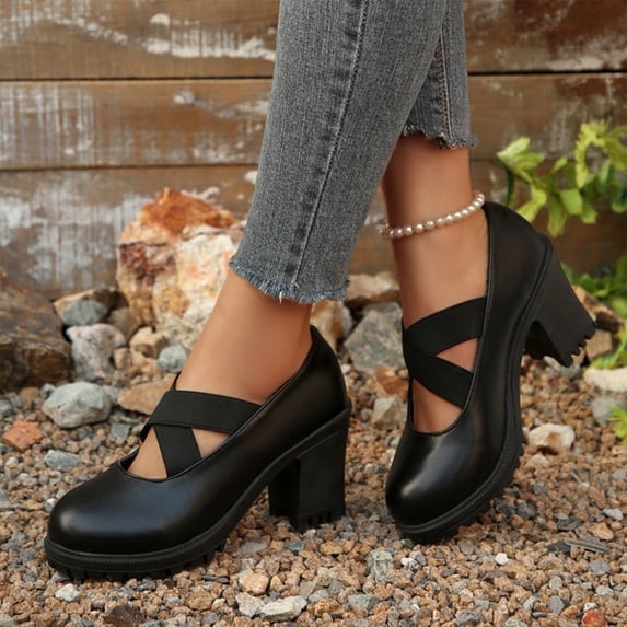 NexTorq Womens Chunky Heel Shoes Mary Jane Slip On Round Toe Block Heel Casual Dress Footwear Comfortable Platform Sole Fashion Shoes for Work Office Party Black US-5.5 (EU-36)
