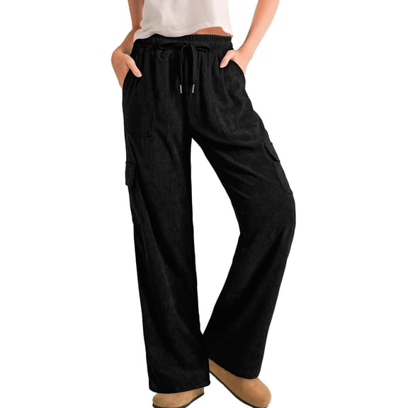 CUKOLSXA Womens Corduroy Pants Casual High Waisted Elastic Drawstring Cargo Loose Fit Wide Leg Pants with Pockets
