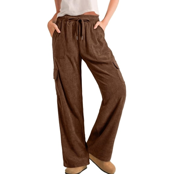 CUKOLSXA Womens Corduroy Pants Casual High Waisted Elastic Drawstring Cargo Loose Fit Wide Leg Pants with Pockets