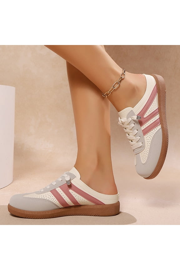 Womens Flat Shoes, Arch Support Shoes for Women, Women Sneakers, Women's Slip on Sneakers, Fashionable Contrast Backless Sneakers, Casual Open Back Lace Up Walking Sports Shoes, Pink, 5.5