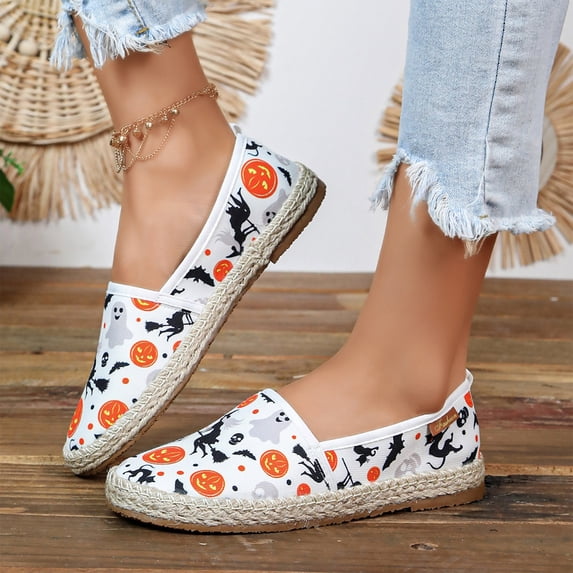 NexTorq Womens Halloween Shoes Slip On Espadrille Flats Round Toe Print Canvas Casual Footwear Comfortable Lightweight Everyday Shoes for Party Holiday Wear White US-6 (EU-37)