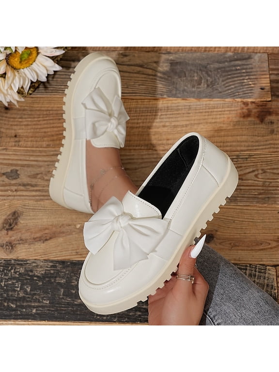 Womens Platform Shoes Slip On Bow Decor Casual Footwear Chunky Sole Comfortable Round Toe Fashion Sneakers for Work Office Daily Wear British Style White US-8 (EU-41)