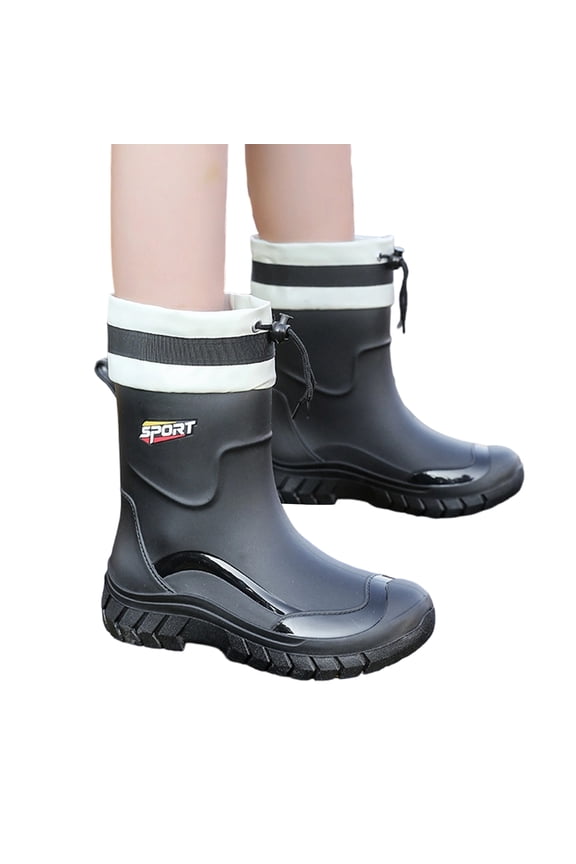 Womens Rain Boots Mid Calf Wellies Thick Sole Waterproof Shoes Elastic Cuff Rainshoes Non Slip Drawstring Adjustable Rubber Footwear Platform Comfort Slip on Mud Outerwear for Rainy Days