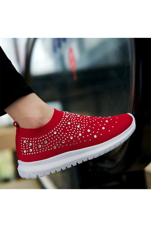 Womens Running Sneakers, Workout Shoes for Women, Womens Rhinestone Glitter Slip-on Orthopedic Trainers,Soft Breathable Slip on Sparkle Sneaker Bling Rhinestone Sneaker, Red, 6.5