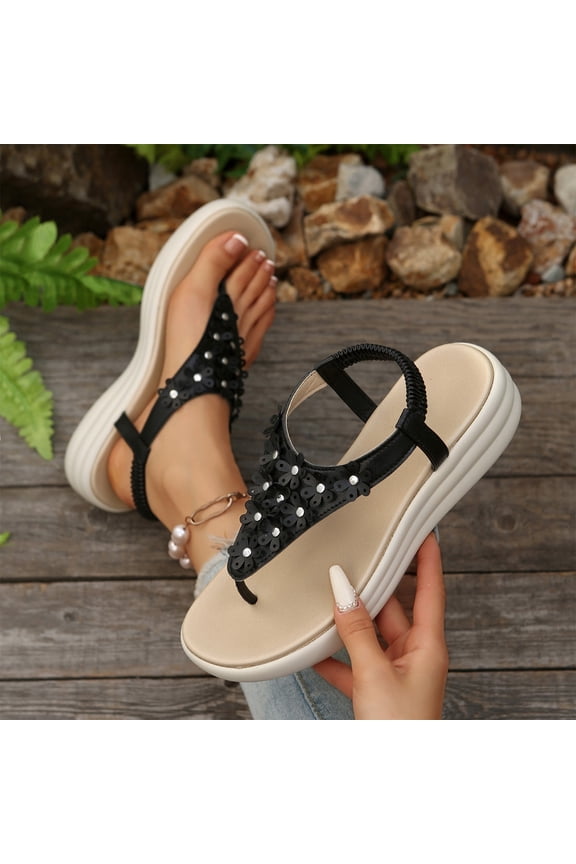 Womens Sandals Arch Support Slingback Rhinestone Dressy Sandals Comfort Summer Shoes Ankle Strap Elastic Flats for Beach Walking, Black, 38
