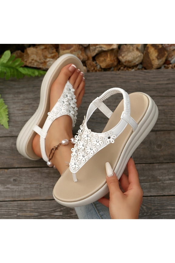 Womens Sandals Arch Support Slingback Rhinestone Dressy Sandals Comfort Summer Shoes Ankle Strap Elastic Flats for Beach Walking, White, 36