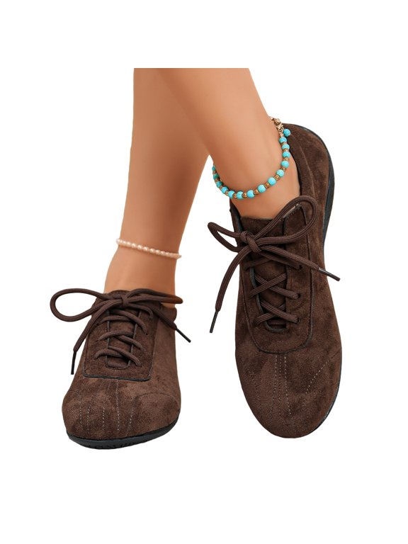 Womens Sneakers Lace Up Casual Shoes Round Toe Solid Color Comfortable Walking Shoes Lightweight Breathable Everyday Footwear for Work Office Travel Brown US-8 (EU-41)