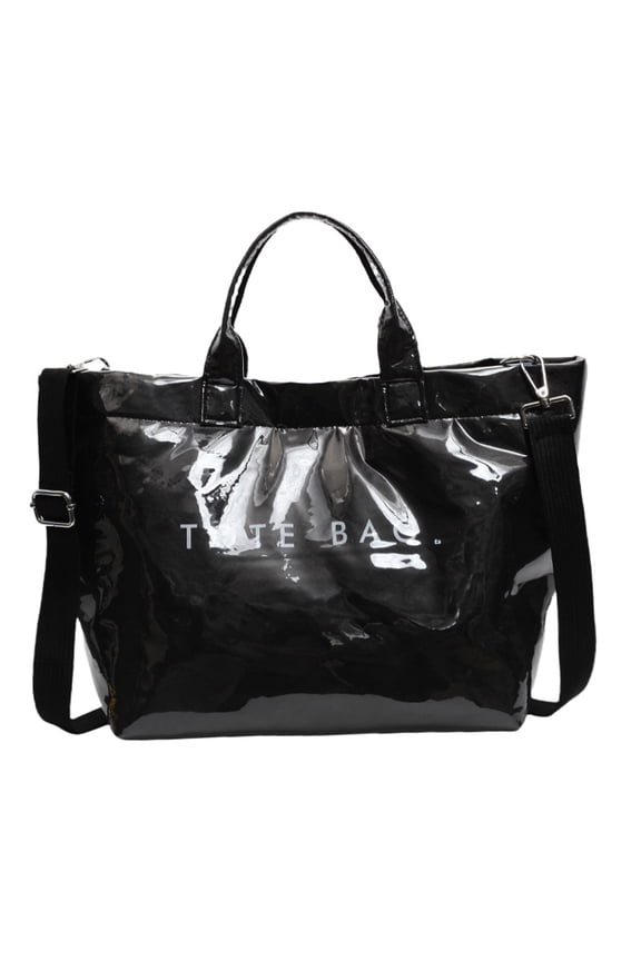 Womens Tote Bag Glossy PU Waterproof Tote Bags with Shoulder Strap Letter Print Retro Crossbody Bag for Work Travel, Black