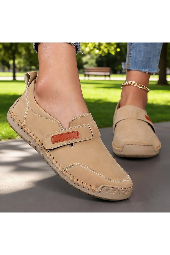 Womens Walking Shoes, Work Shoes Women, Women Casual Slip-On Loafers Hand-Stitched Leather Boat Shoes with Hook-Loop Strap Anti-Slip Soft Sole for Driving Walking Outdoor, Khaki, 8