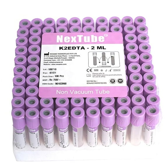 NexTube K2 Edta Non Vacuum Blood Collection Tube, 2 ml - Pack 100 Pieces