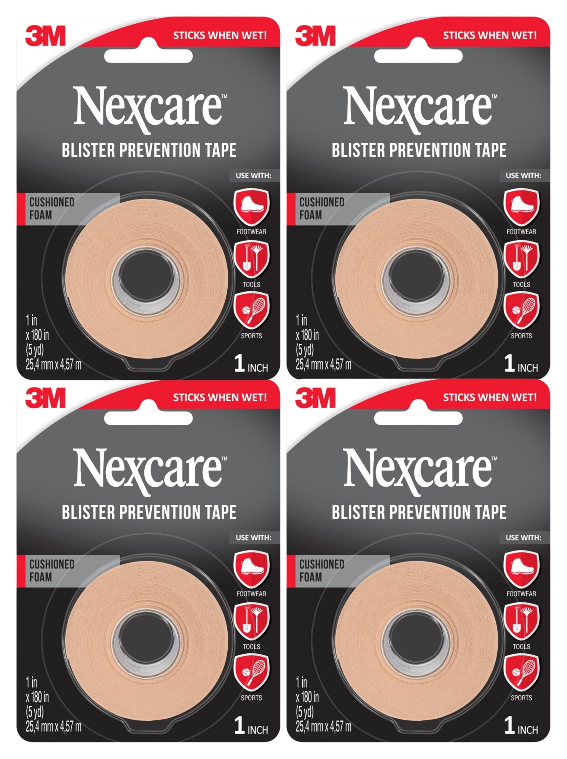 Nexcare Blister Prevention Tape, Waterproof Foam Medical Tape, Latex-Free, Sticks Firmly to Skin to Help Prevent Blisters - 1 in x 5 yds, 4 Rolls of Tape