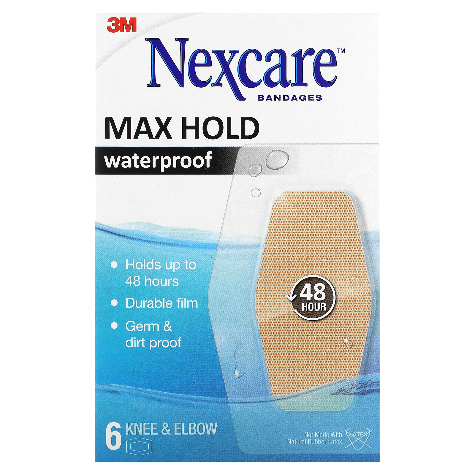 Nexcare, Clear Waterproof Bandages, Max Hold, Knee Elbow, 6 Bandages