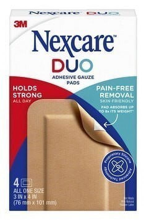 Nexcare Duo Adhesive Gauze Pads DSA34-4, 3 in x 4 in (76 mm x 101 mm), 4/pk