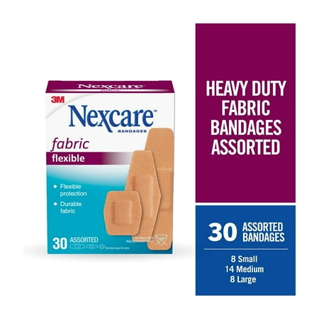 Nexcare Flexible Fabric Bandages, Durable, Assorted Sizes, 30 Count