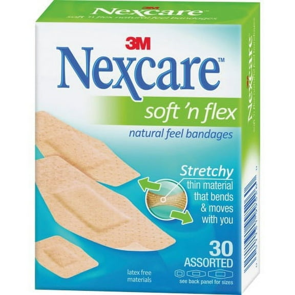 Nexcare Soft 'n Flex Bandages Assorted Sizes - 0.94" x 1.13" , 1.13" x 3" , 0.88" x 2.25" - 30/Box - 30 Per Box - Tan - Fabric
