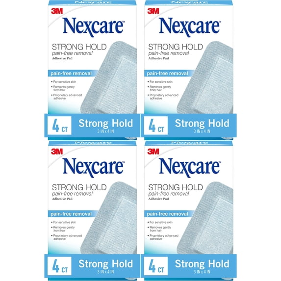 Nexcare Strong Hold Pain-Free Removal Adhesive Pad 3 in x 4 in- 4 Count each Pk. of 4