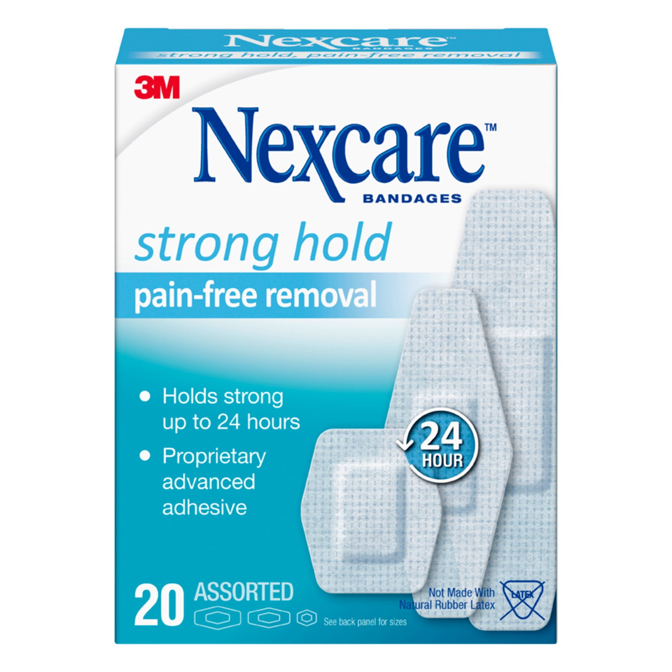 Nexcare Strong Hold Pain-Free Removal Bandages, Assorted Sizes, 20