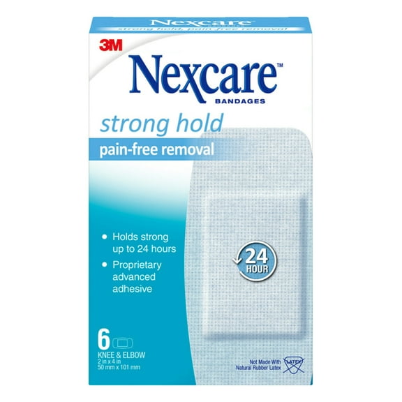 Nexcare Strong Hold Pain-Free Removal Bandages for Knee & Elbow, 2" x 4", 6 Count