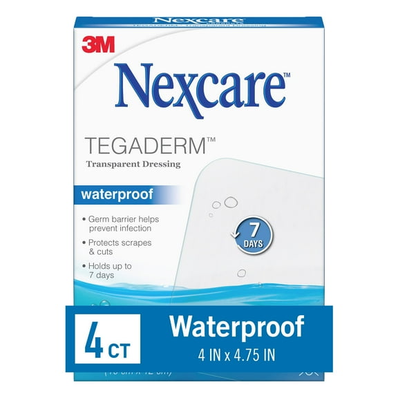 Nexcare Tegaderm Waterproof Dressing, Hospital Grade Bandages, 4" x 4 3/4", 4 Count
