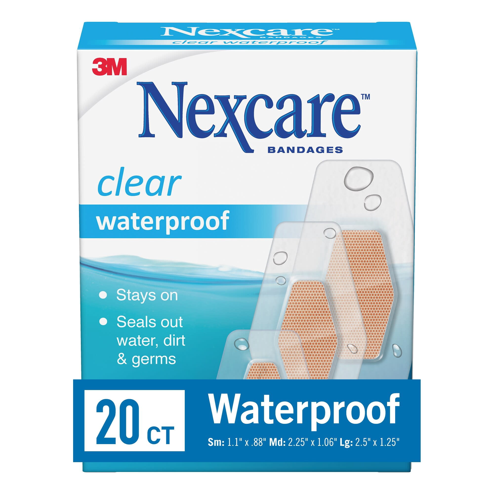 Nexcare Waterproof Clear Bandages, Assorted Sizes, 20 Count