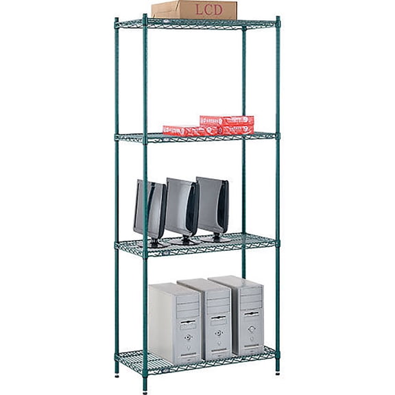 Nexel 4 Shelf Poly-Green Wire Shelving Unit Starter 36""W x 12""D x 54""H