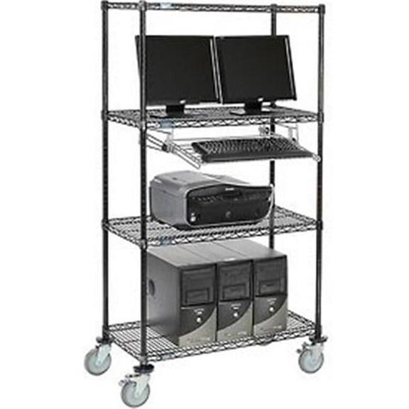 Nexel 250113BK 4-Shelf Mobile Wire Computer LAN Workstation with Keyboard Tray, Black - 36 x 18 x 69 in.