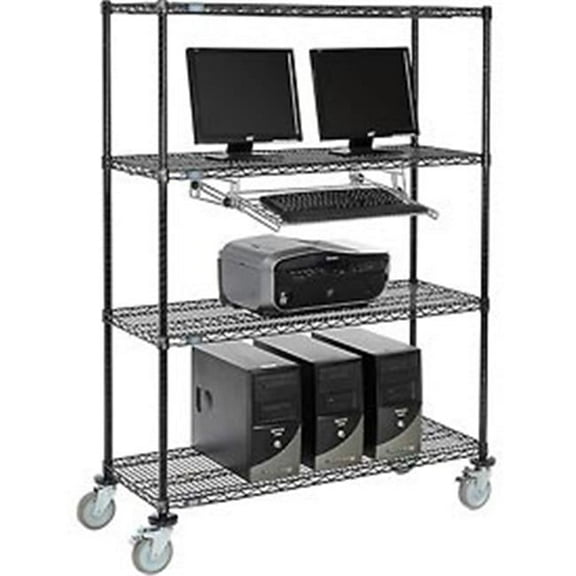 Nexel 250114BK 4-Shelf Mobile Wire Computer LAN Workstation with Keyboard Tray, Black - 48 x 18 x 69 in.
