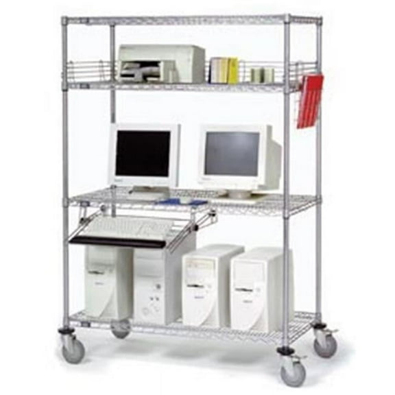 Nexel 250197 4-Shelf Mobile Wire Computer LAN Workstation with Keyboard Tray, Chrome - 60 x 24 x 69 in.