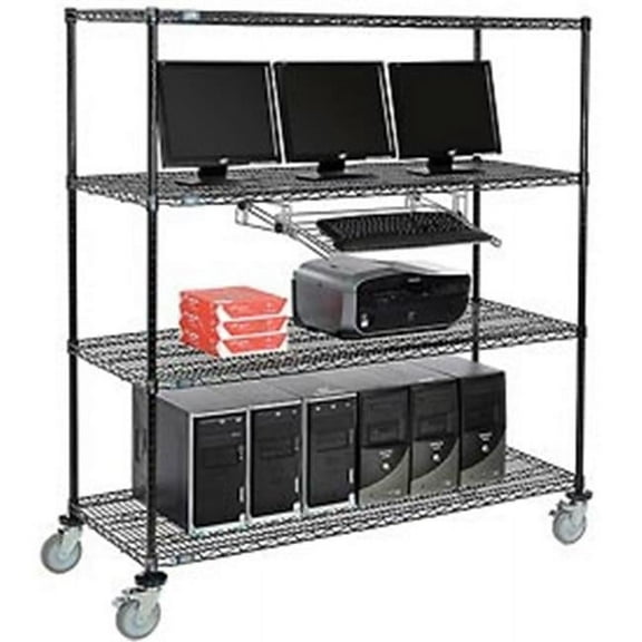 Nexel 250197BK 4-Shelf Mobile Wire Computer LAN Workstation with Keyboard Tray, Black - 60 x 24 x 69 in.