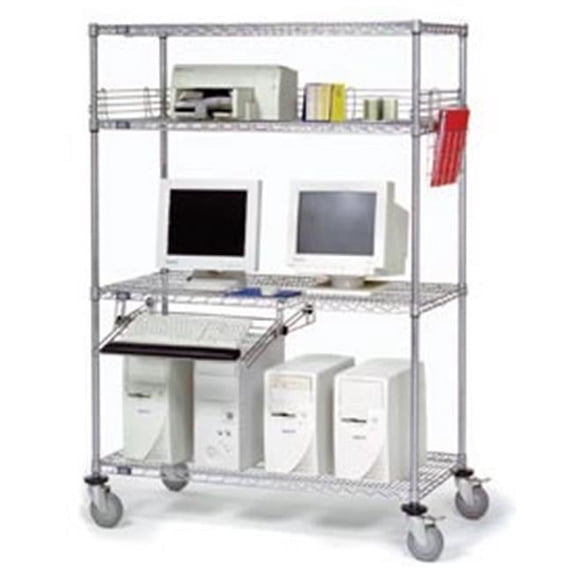 Nexel 250198 4-Shelf Mobile Wire Computer LAN Workstation with Keyboard Tray, Chrome - 72 x 24 x 69 in.