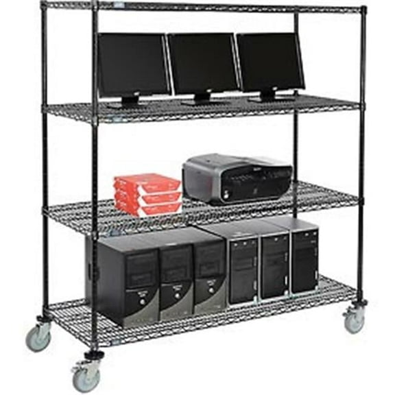Nexel 4-Shelf Mobile Wire Computer LAN Workstation - Black - 60 x 24 x 69 in.