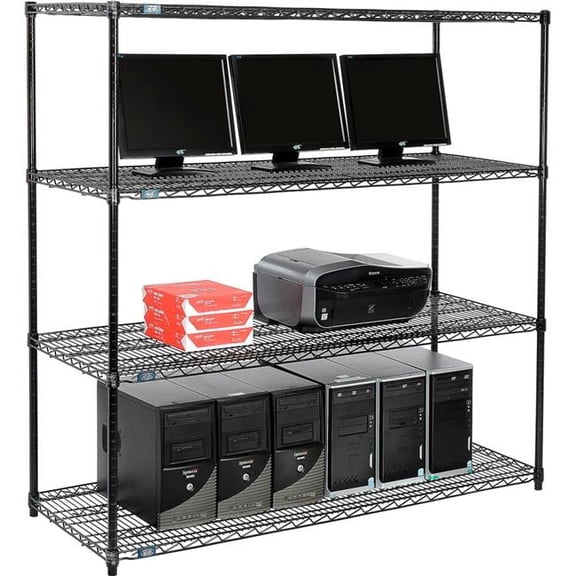 Nexel 4-Shelf Wire Computer LAN Workstation, Black - 60 x 24 x 63 in.