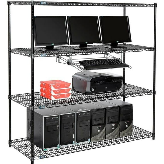 Nexel 4-Shelf Wire Computer LAN Workstation with Keyboard Tray, Black - 60 x 24 x 63 in.
