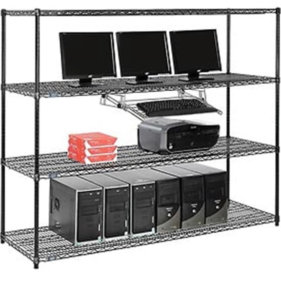 Nexel 4-Shelf Wire Computer LAN Workstation with Keyboard Tray - Black - 72 x 24 x 63 in.