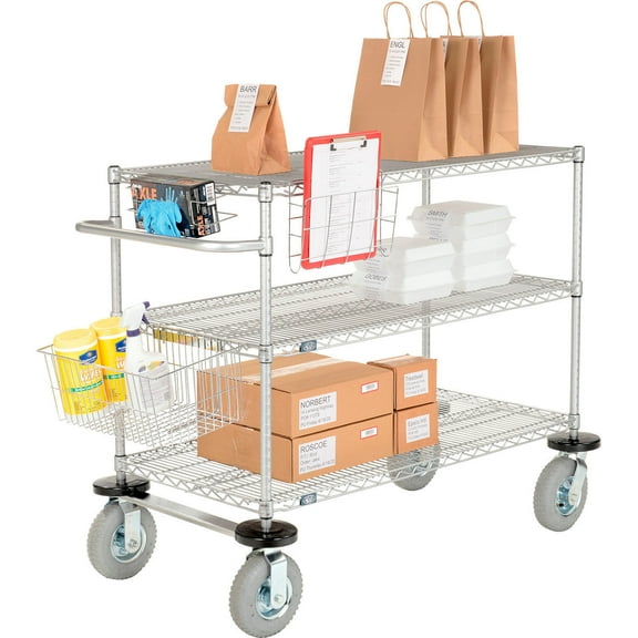 Nexel 3 Shelf Push Cart Chrome 36""W x 24""D x 43""H Pneumatic Casters2 Swivel 2