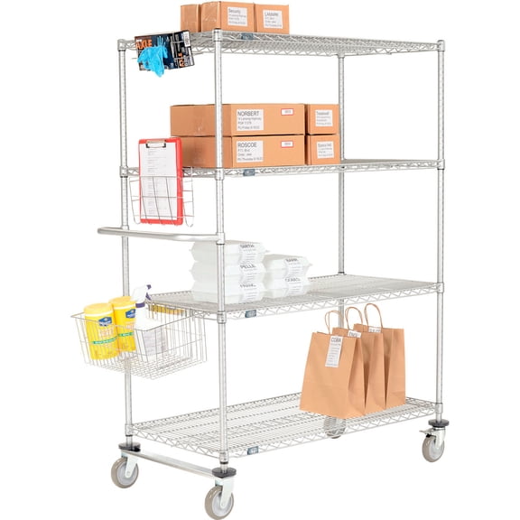 Nexel Chrome Curbside Wire Truck w/4 Shelves & Polyurethane Casters, 30"L x 21"W x 69"H