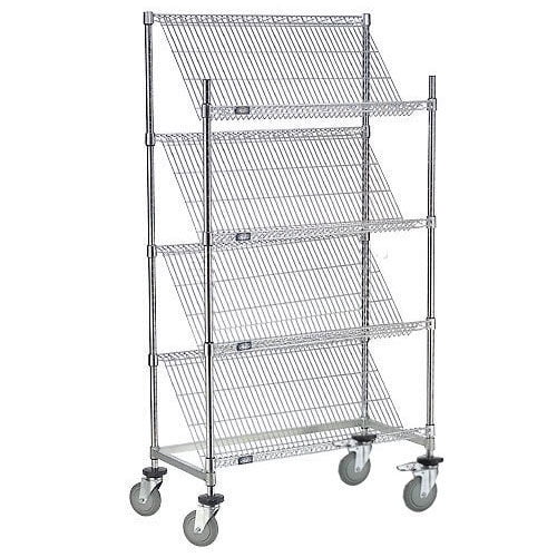 Nexel Chrome Slant Wire Shelving Truck, 4 Shelves With Brakes, 48"W x 24"D x 69"H