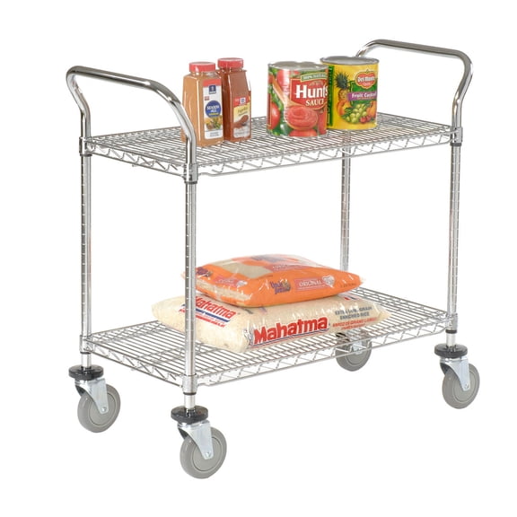 Nexel 2 Shelf Utility Cart Chrome 42""W x 24""D x 39""H Poly Casters 4 Swivel 2