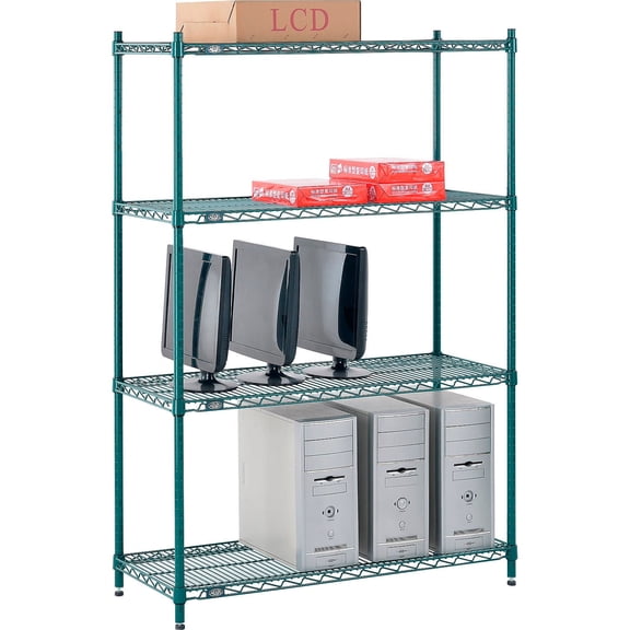 Nexel 4 Shelf Poly-Green Wire Shelving Unit Starter 42""W x 14""D x 63""H