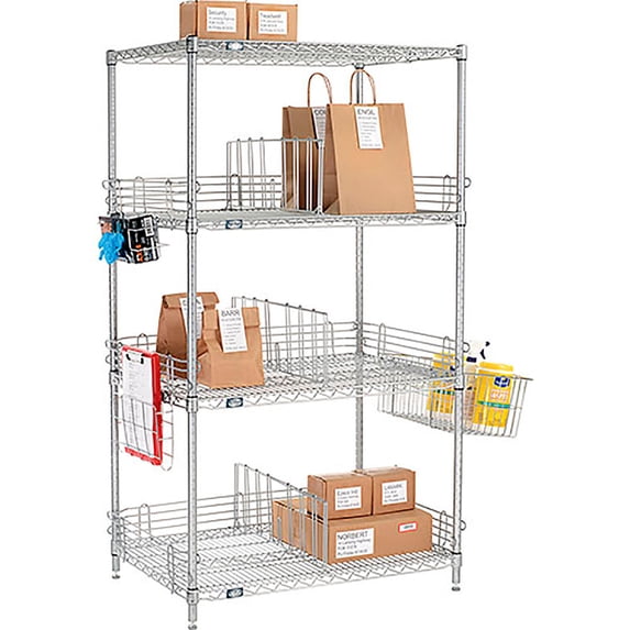 Nexelate Silver Epoxy, To Go Rack, 4 Wire Shelves, Dividers & Ledges, 24"W x 21"D x 63"H