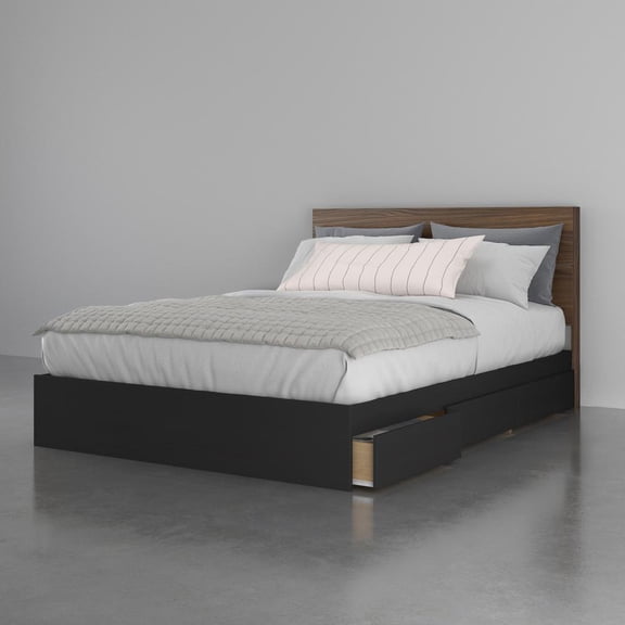 Nexera 2-Piece Bedset With Bed Frame And Headboard, Queen|Walnut & Black