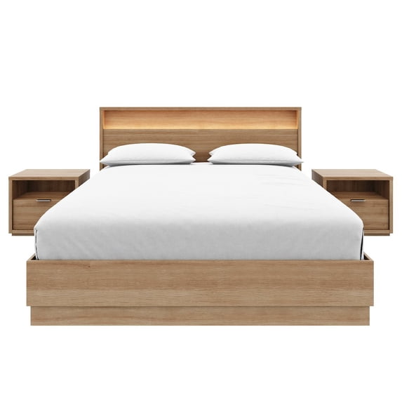 Nexera 4 Piece Bedroom Set with Slatted Bedframe, Headboard with Integrated Light