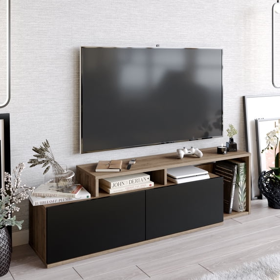 Nexera 58" Modern Engineered Wood TV Stand, Walnut & Black Melamine