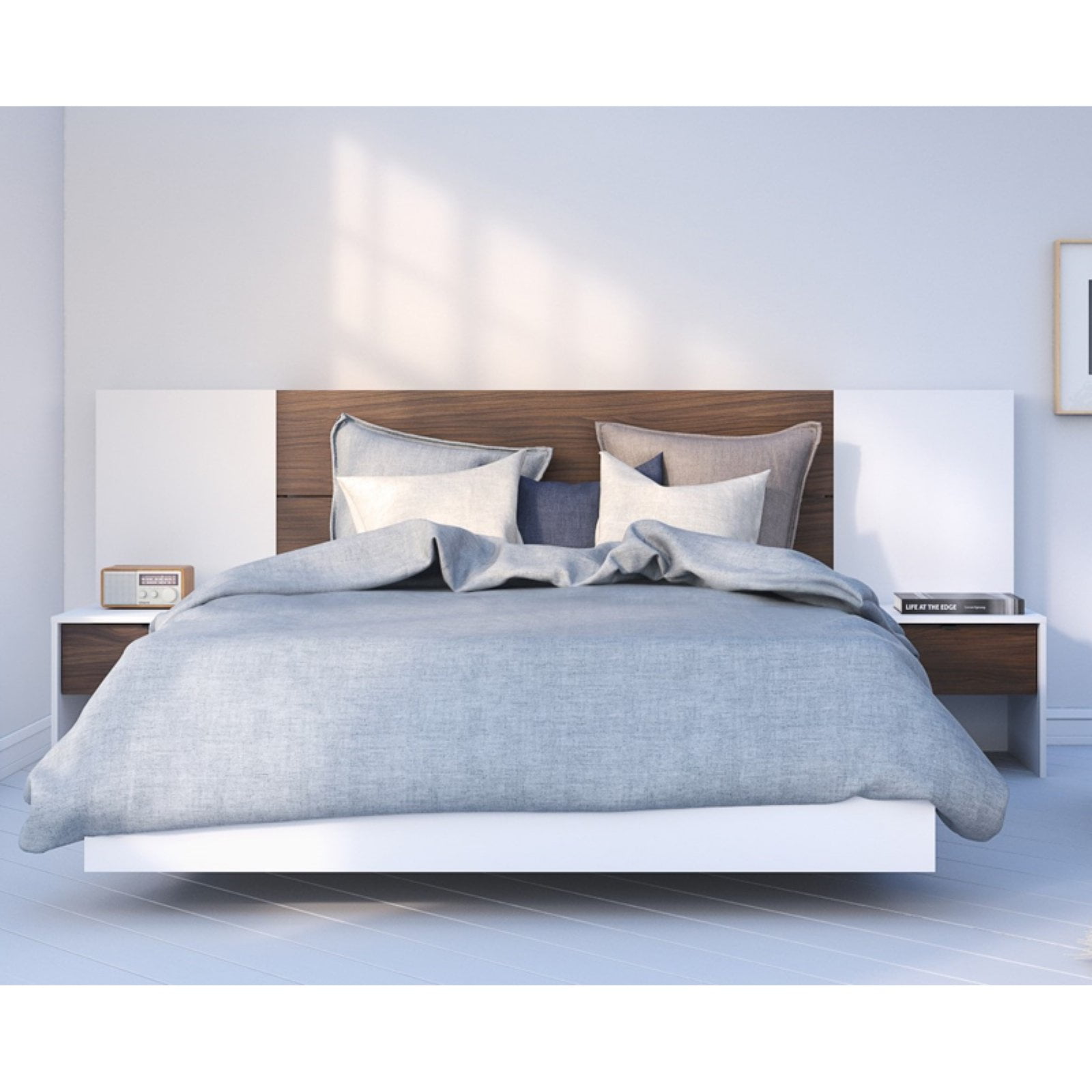 Nexera CelebriT Plank Effect Platform Bed with Headboard Extension Panels and 2 Nightstands