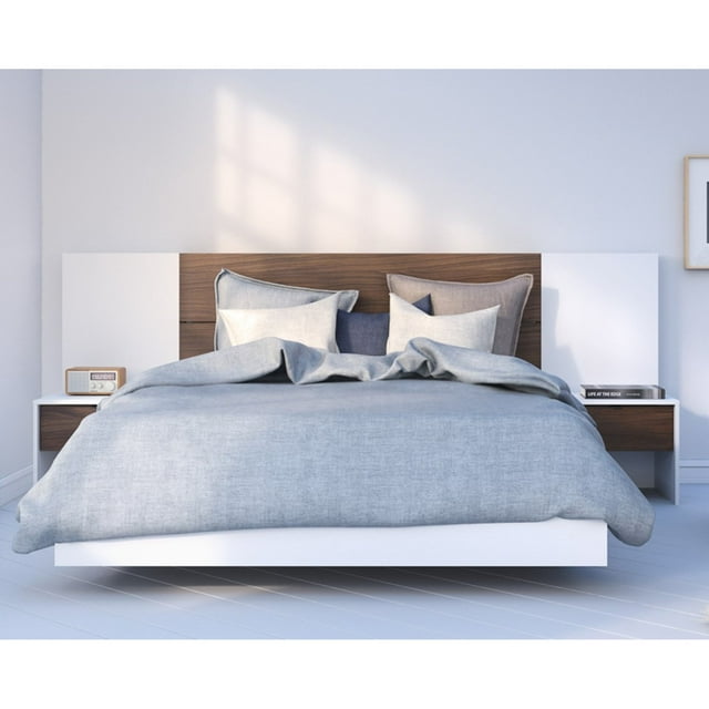 Nexera Celebri-T Plank Effect Platform Bed with Headboard Extension Panels and 2 Nightstands
