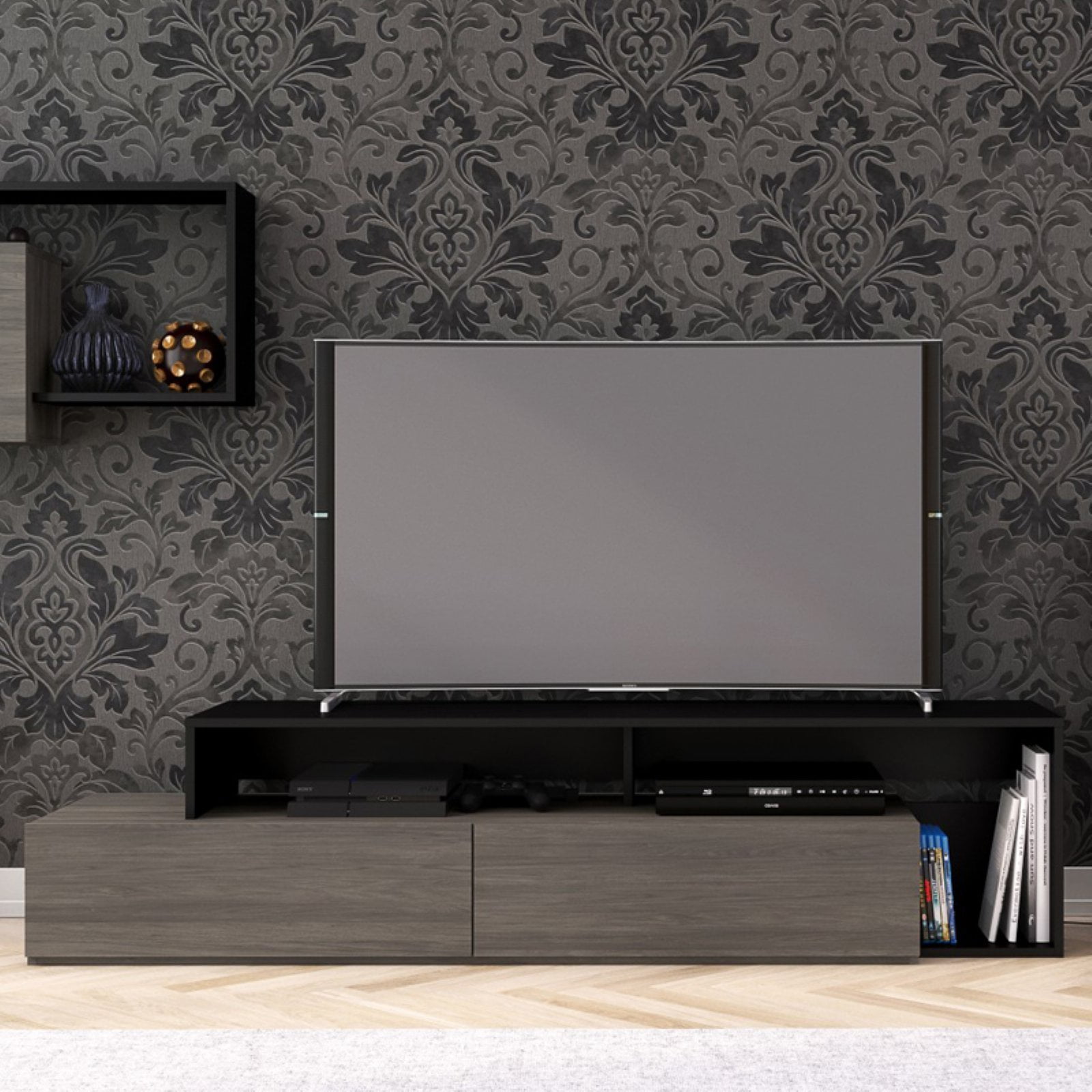 Damask Black and Gray 72-Inch TV Stand with Drawers