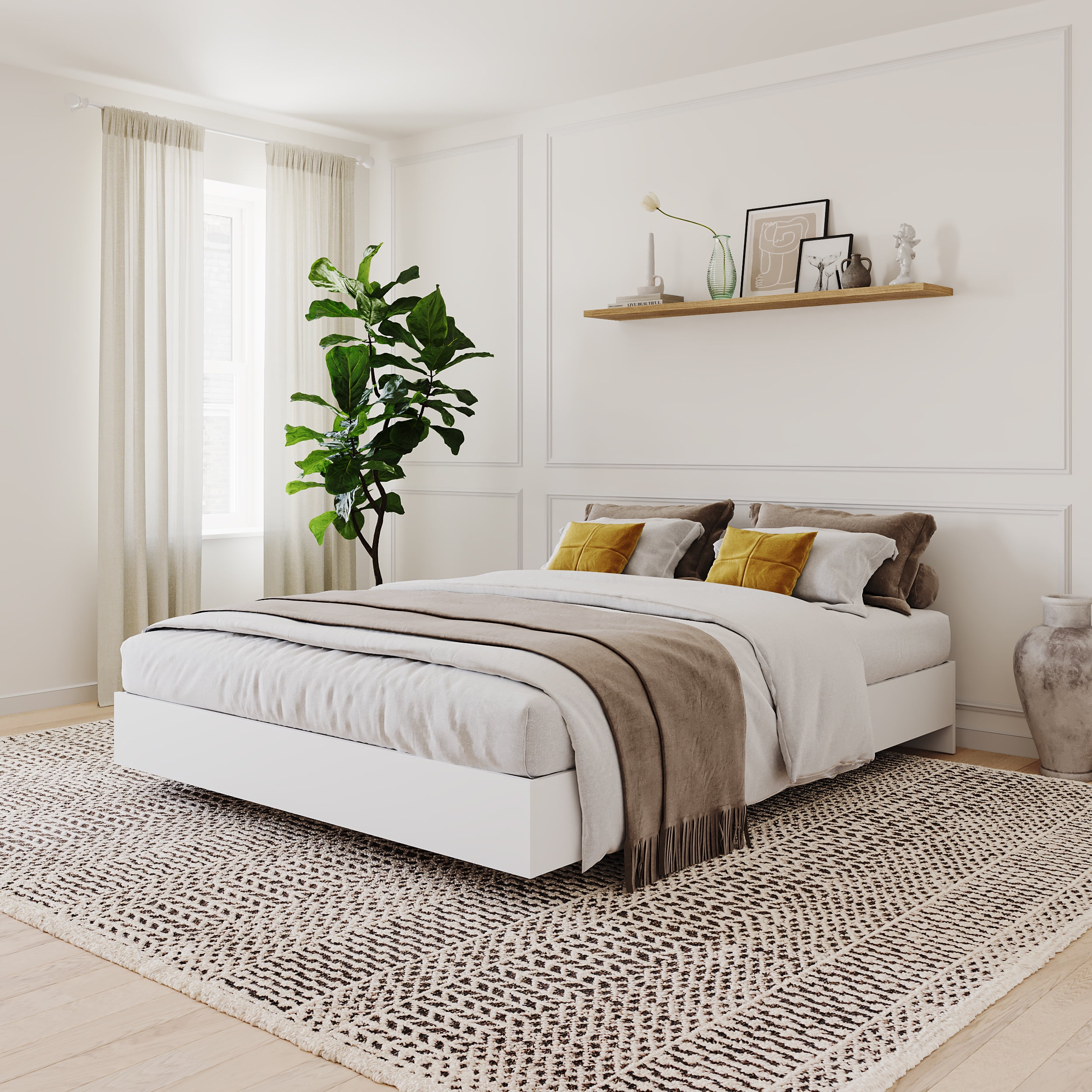 Aerial White Full/Double Floating Platform Bed with Wood Frame