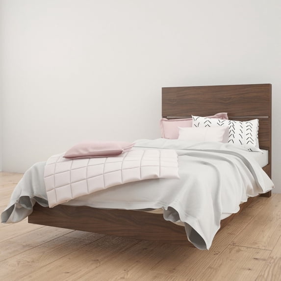 Nexera Identi-T Platform Bed and Plank Headboard, Walnut