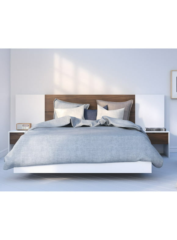 Nexera Identi-T Platform bed with Plank Effect Headboard, White & Walnut